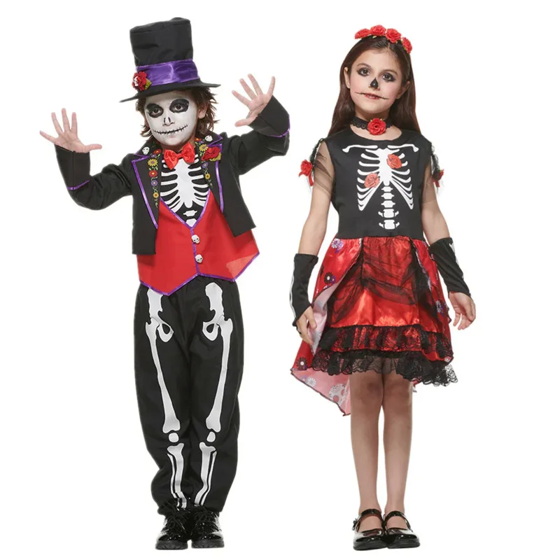 

Deluxe Children's Day of the Dead Skeleton Cosplay Costume Mexican Boys Girls Halloween Carnival Easter Purim Fancy Dress