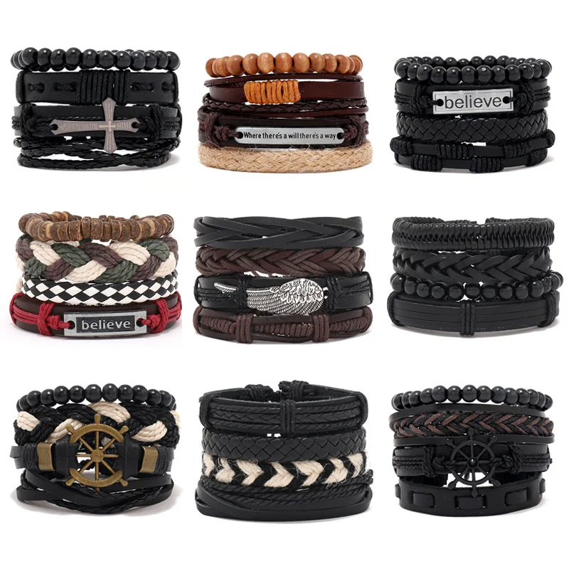 

Simple Hand Woven Leather DIY Combination 4-piece Charms Anime Bracelet Fashion Bracelets For Men Minimalist Handmade Jewelry