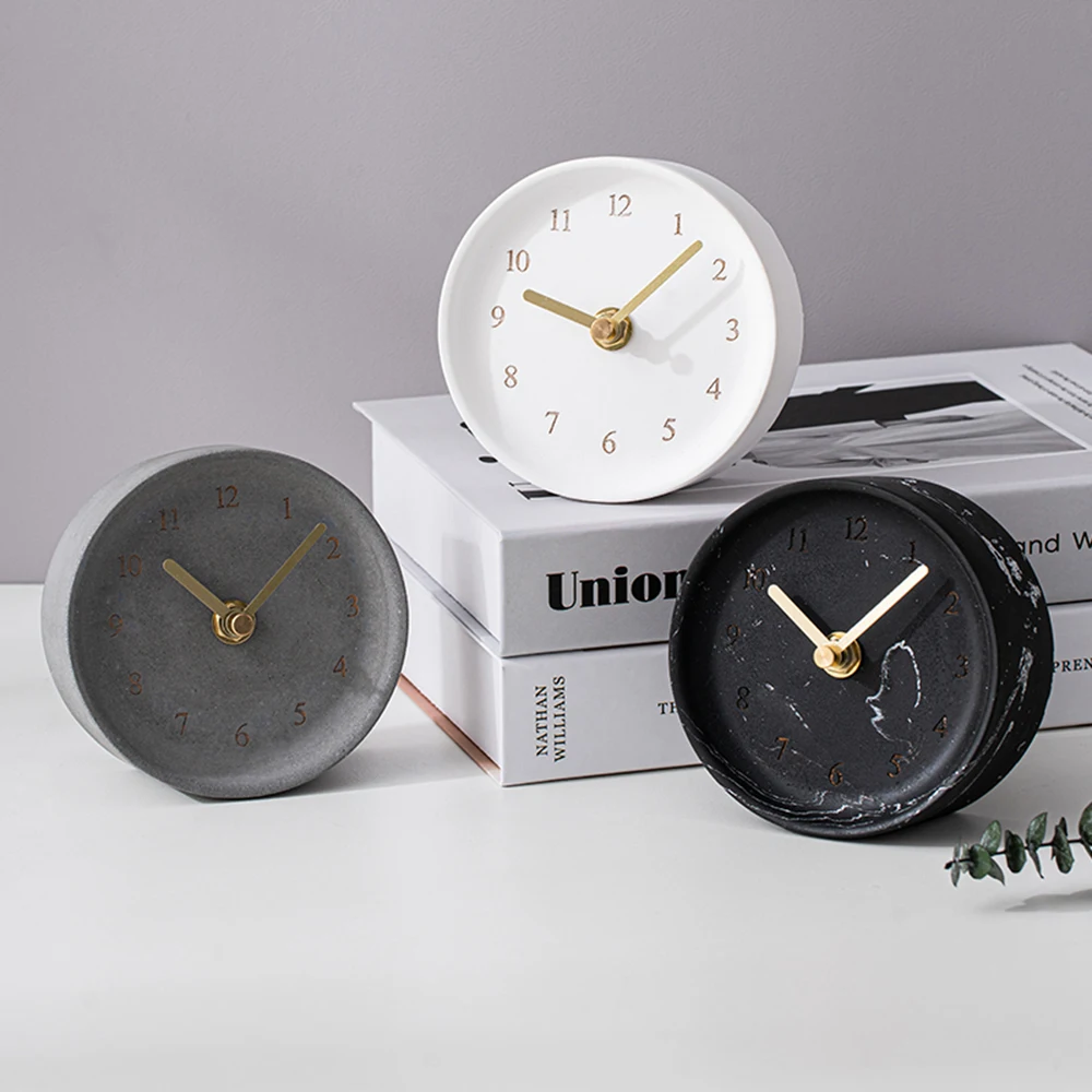 

INS Style Cement Desk Clock Round Concrete Table Clock Nordic Home Decoration Ornaments Living Room Decor Bedroom Bedside Clock