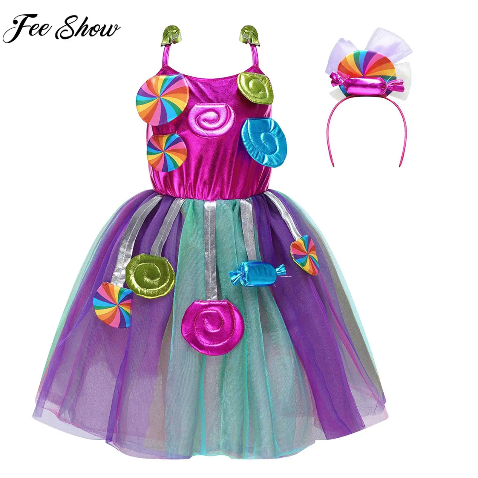 

Children Girls Halloween Cosplay Dress Shiny 3D Applique Rainbow Candy Mesh Princess Tutu Dress Christmas Carnival Party Costume