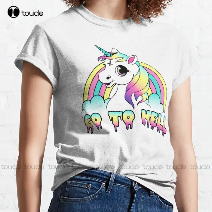

Новинка, Классическая футболка «Go To Hell» Pastel Goth Unicorn Pastel Goth Kawaii, футболка из хлопка, женская футболка унисекс