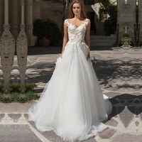 modern illusion o neck wedding dress 2022 backless beach cap sleeve bridal gown with lace appliques train vestidos de novia