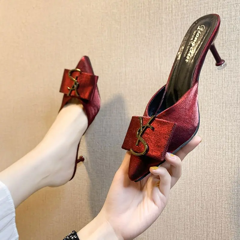 2023 New Square Button Pointed Red Mueller Baotou Half Slippers Women's Slim Heels Versatile Mesh Red One Step Lazy Shoes
