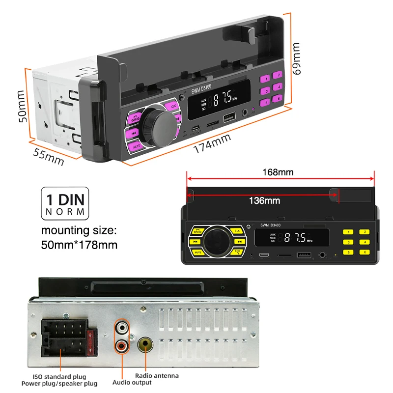 Radio samochodowe z Bluetooth 1 Din odtwarzacz MP3 głośnomówiowy A2DP typu C USB TF Aux pilot aplikacji uchwyt na telefon komórkowy System Audio jednostka główna D3400 5 Radio samochodowe z Bluetooth 1 Din odtwarzacz MP3 głośnomówiowy A2DP typu C USB TF Aux pilot aplikacji uchwyt na telefon komórkowy System Audio jednostka główna D3400 5