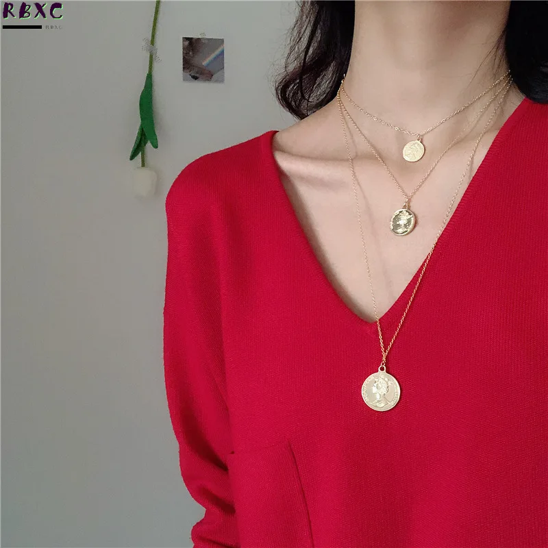 

Korean Ins Super Fire Ancient Gold Coin Necklace Simple Portrait Pendant 18k Real Gold Long Sweater Chain Female 498