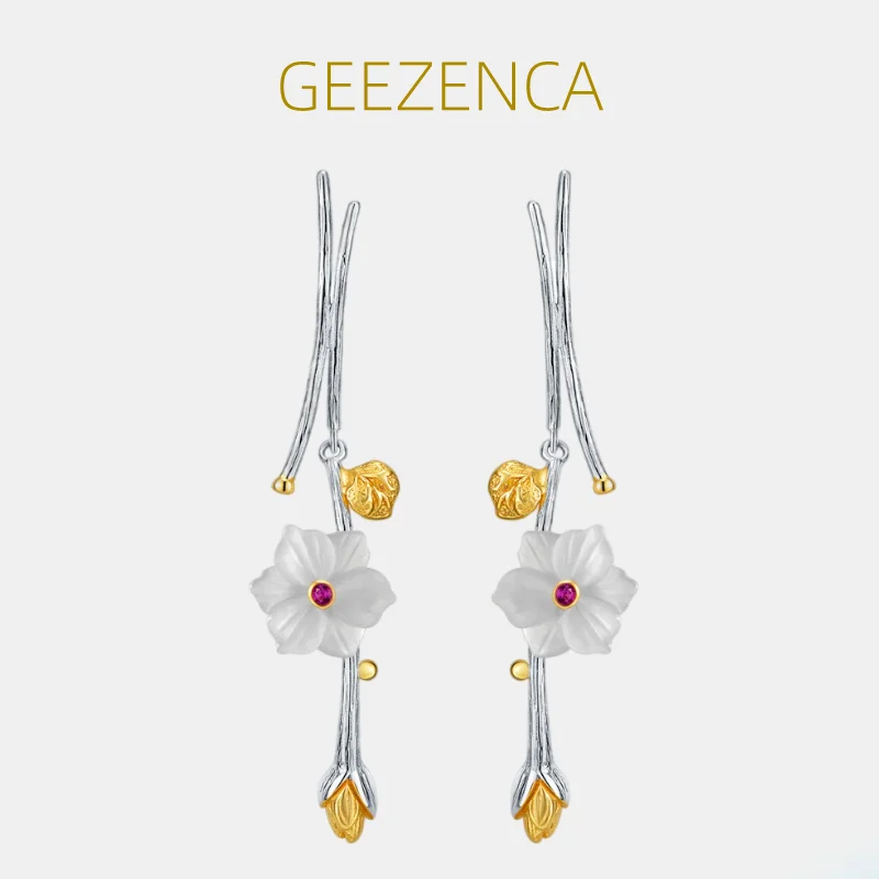 

GEEZENCA 925 Sterling Silver Natural Jade Flower Branch Long Dangle Earrings For Women Cute Romantic Chinese Style Drop Earring