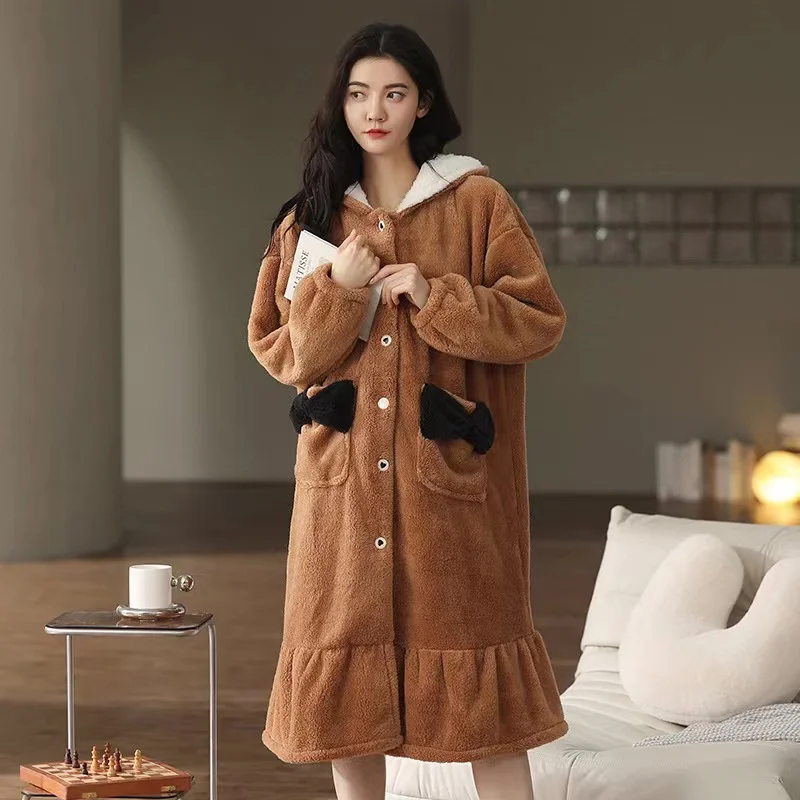 Pajamas Women Autumn and Winter Padded Plush Robe Warm and Comfortable Bathrobe Home Clothes