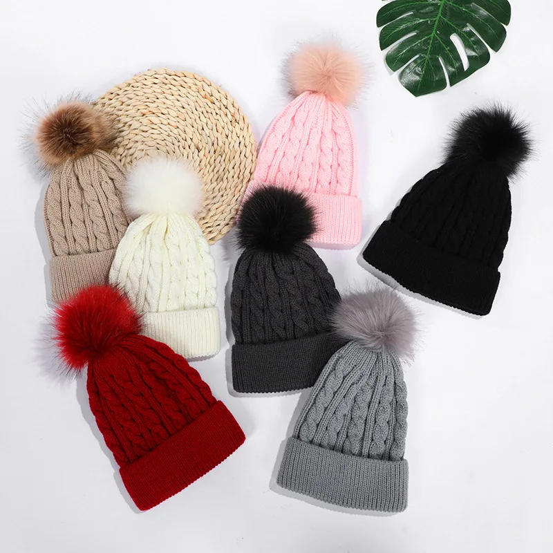 

New Women Personality Wild Female Fur Pom Poms Hats Beanie High Quality Winter Warm Bonnet Outdoor Riding Windproof Knit Cap