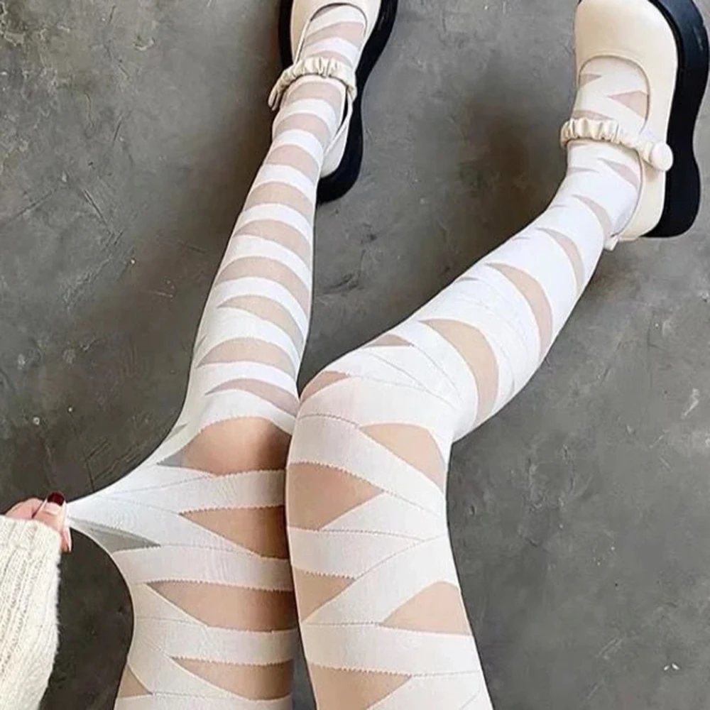 Женские чулки модные колготки в стиле панк с перекрестными лямками черные