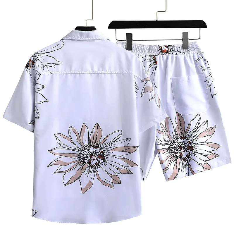 Floral Short-sleeved Shorts Shirt Suit For Men's Summer Oversized Five-half Sleeve Beach Two-piece Set