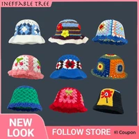 24 opts y2k womens crochet flower bucket hat handmade knitted cap floppy korea panama caps foldable sunscreen hat femme sun bob