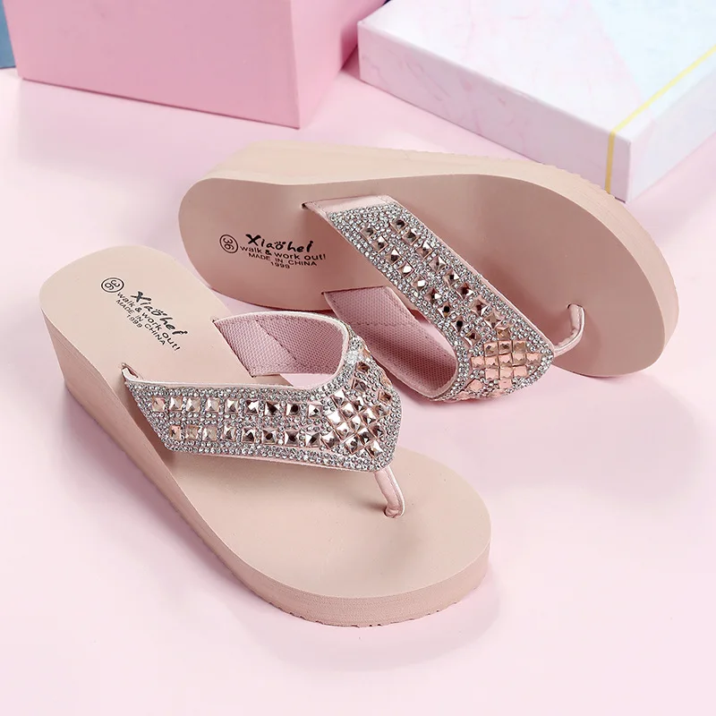 Women's Wedges Slippers Fashion Rhinestone Flip Flops Summer Outdoor Beach Shoes Female Soft Casual Comfortable Platform Sandals