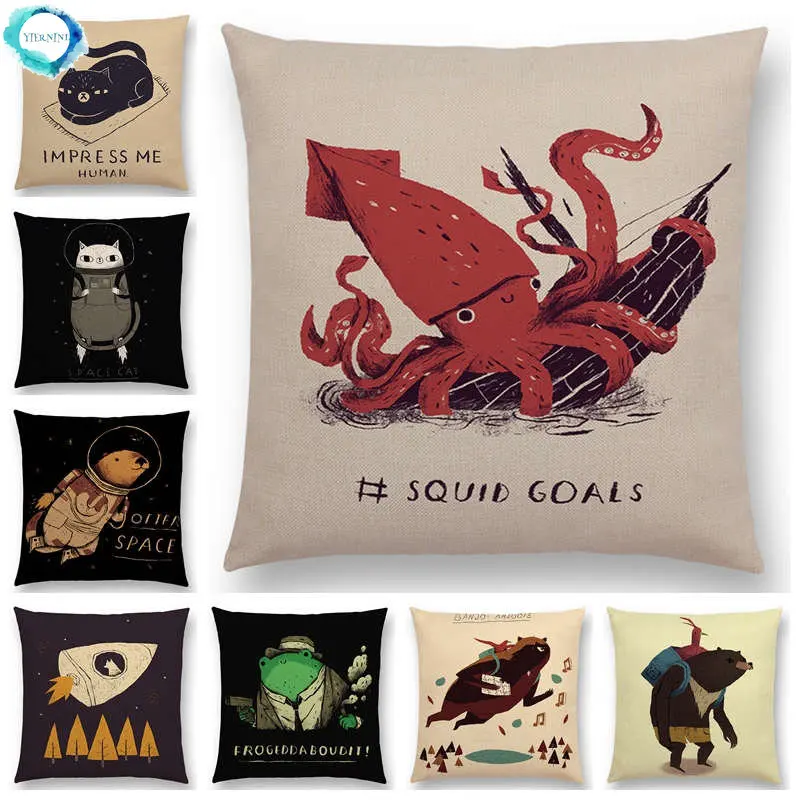 

Cartoon Animal Sofa Throw Pillow Case Fantasy Adventure Legend Fairy Tales Bear Cat Bird Squid Sloth Cushion Cover