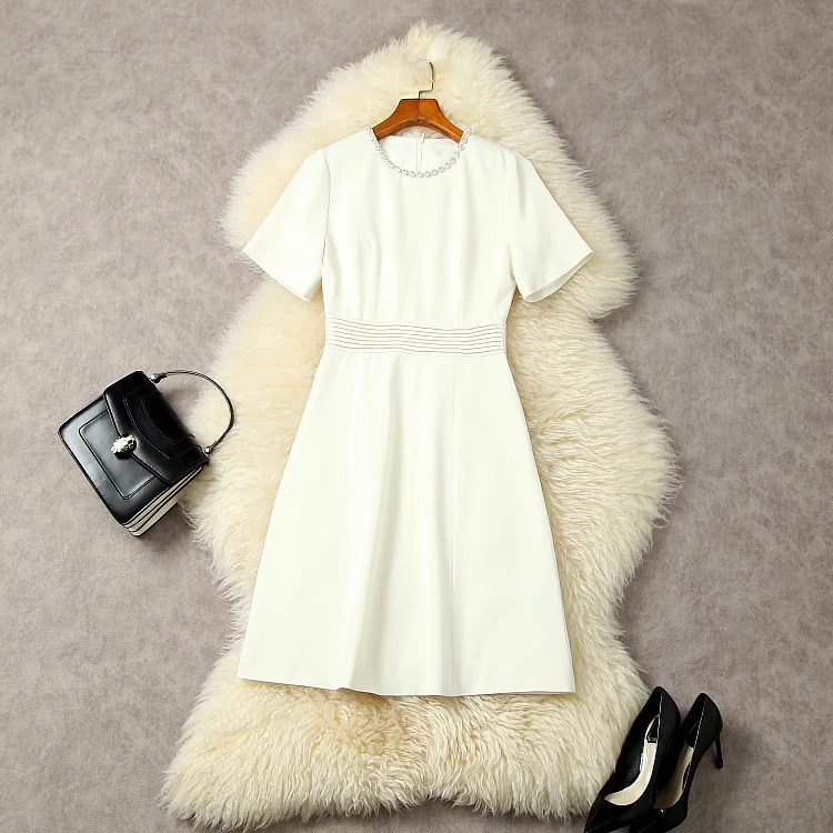 

European and American women's clothes 2023 spring new Beaded crewneck Short sleeve solid color Fashionable dress