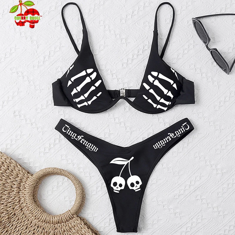 kowej czaszki strój kąpielowy letni zestaw bikini urzekające nowe damskie rozcięcie nadruk z czaszką głęboki dekolt w serek usztywniane +
