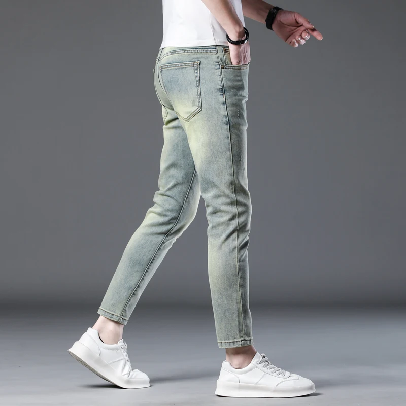 Мужские джинсы в стиле ретро синие облегающие брюки до щиколотки Стрейчевые