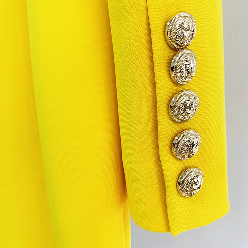 HIGH QUALITY Newest 2023 Designer Long Blazer Lion Buttons Double Breasted Satin Shawl Collar Blazer Dress Fluorescent Yellow