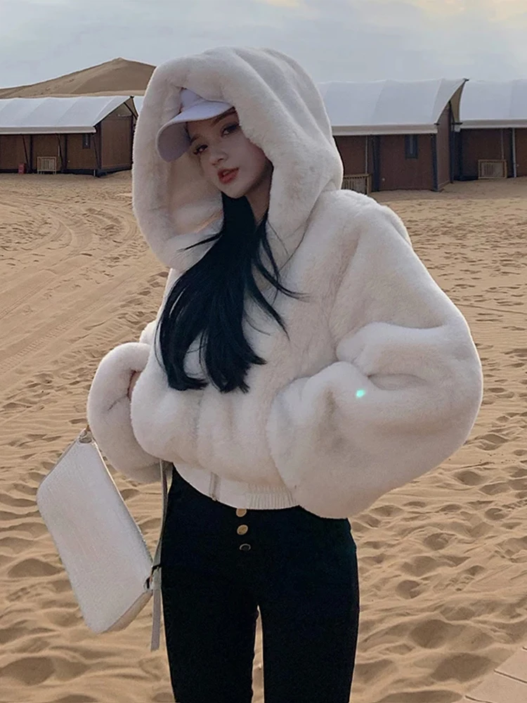 New Women Faux Rabbit Fur Coat Faux Fur Bomber Jacket Short Artificial Fur Hooded Warm Winter Parka Cardigan Cropped Fluffy Tops