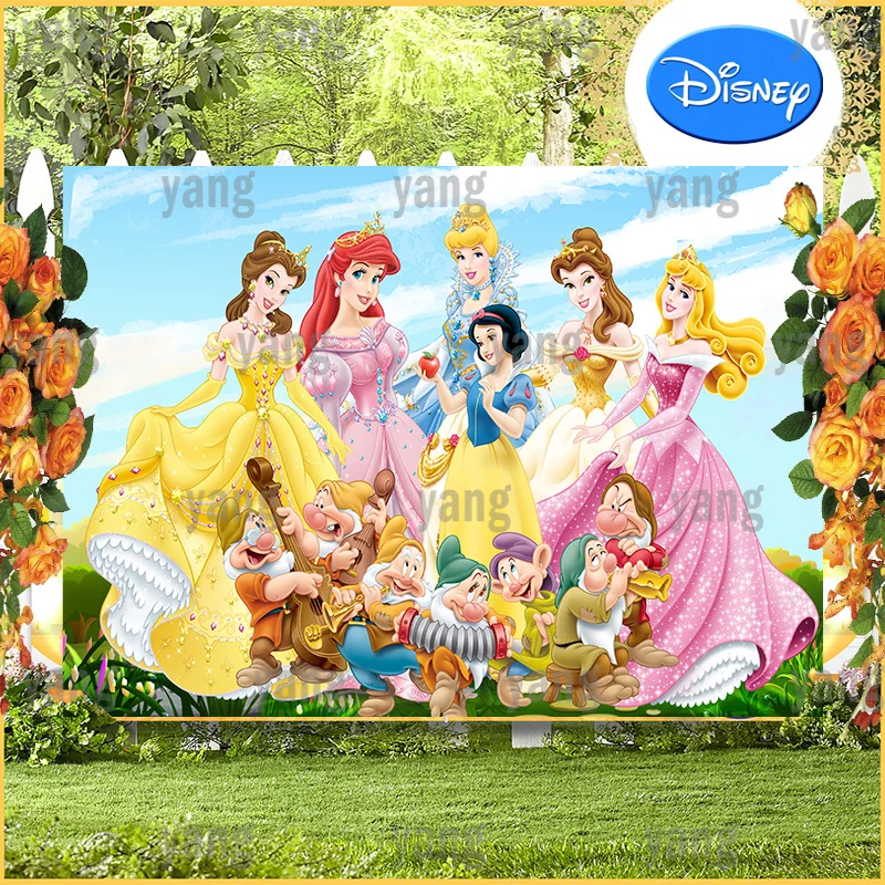 

Disney Princess Cinderella Snow White Belle Ariel Aurora Seven Dwarfs Cartoon Birthday Party Backdrop Photography Background