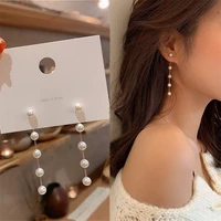 trend simulation pearl long earring for women fashion korean crystal rhinestone chain drop earrings bridal wedding party jewelry