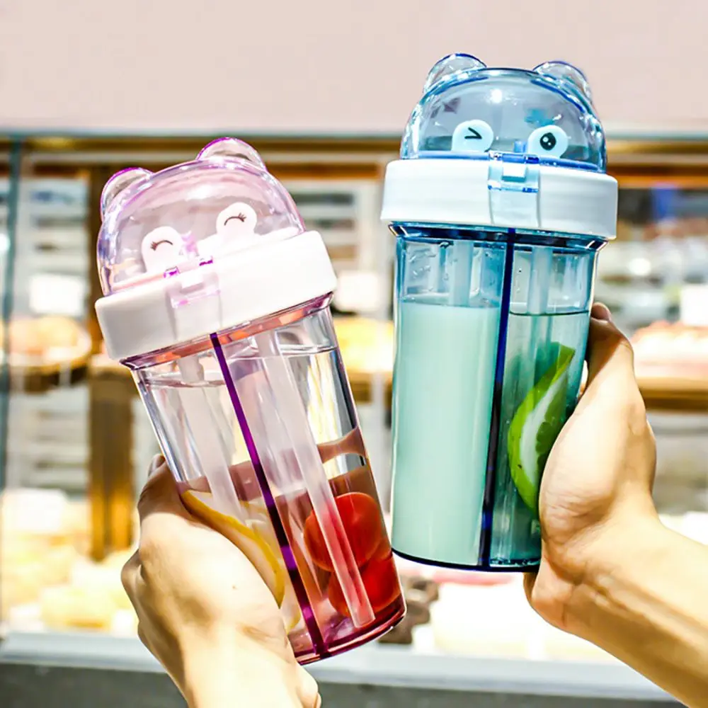 

Cute Drinking Plastic Cup Outdoor Double Straws Mug Water Bottle Kettle