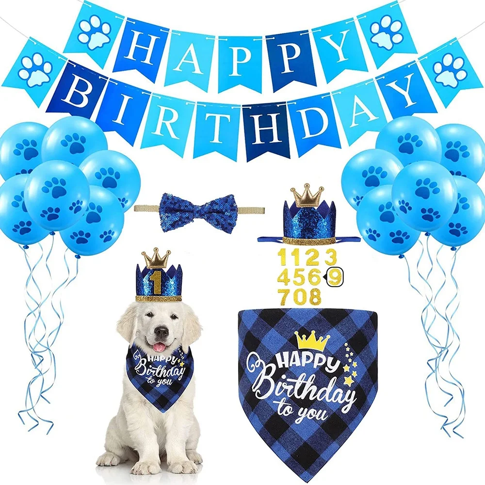 

Pet Dog Birthday Party Supplies Hat Bandana Scarf with Cute Bow Tie Happy Banner Flag Balloons for Small Medium Decorations