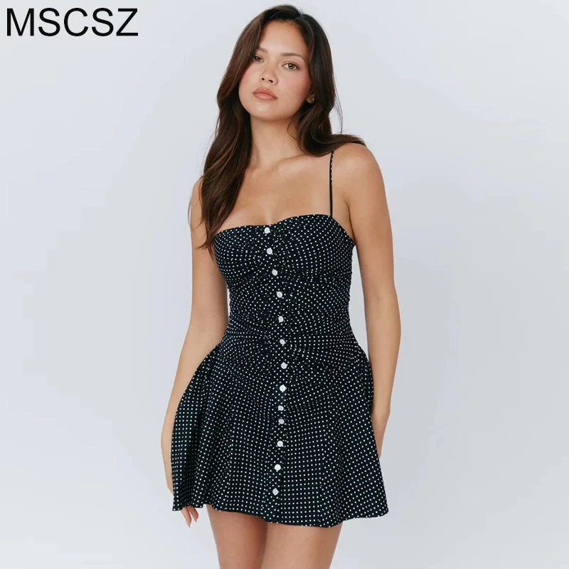 MSCSZ винтажное Черное женское платье в горошек на бретельках с открытой спиной