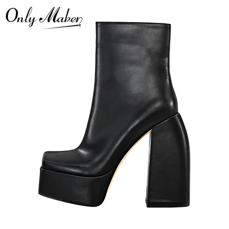 

Onlymaker Women Square Toe Chunky Ankle Boots Thick High Heels Platform Black White Fashion Punk Zip Booties