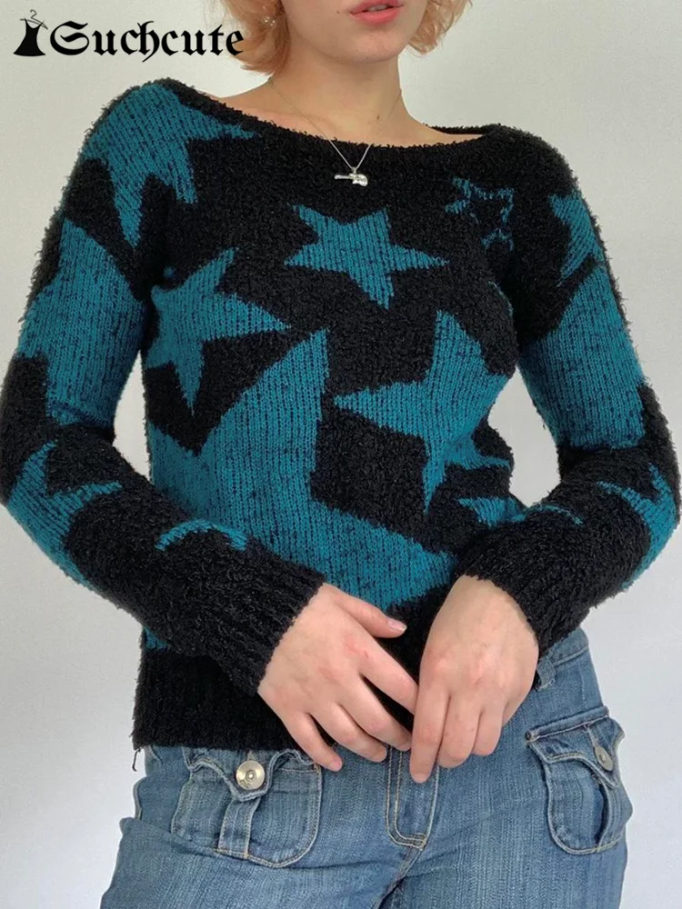 

SUCHCUTE Harajuku Star Print Sweater Women Autumn Winter Basic Kintted Preppy Style Tops Vintage Long Sleeve Streetwear Clothes
