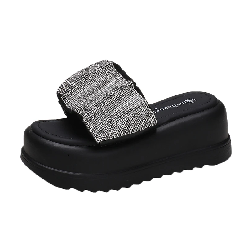 Women Luxury Rhinestone Wedges Slippers Summer Platform Thick Botttom Sandals Woman Bling PU Leather Anti-Slip Slide 7CM Slipper