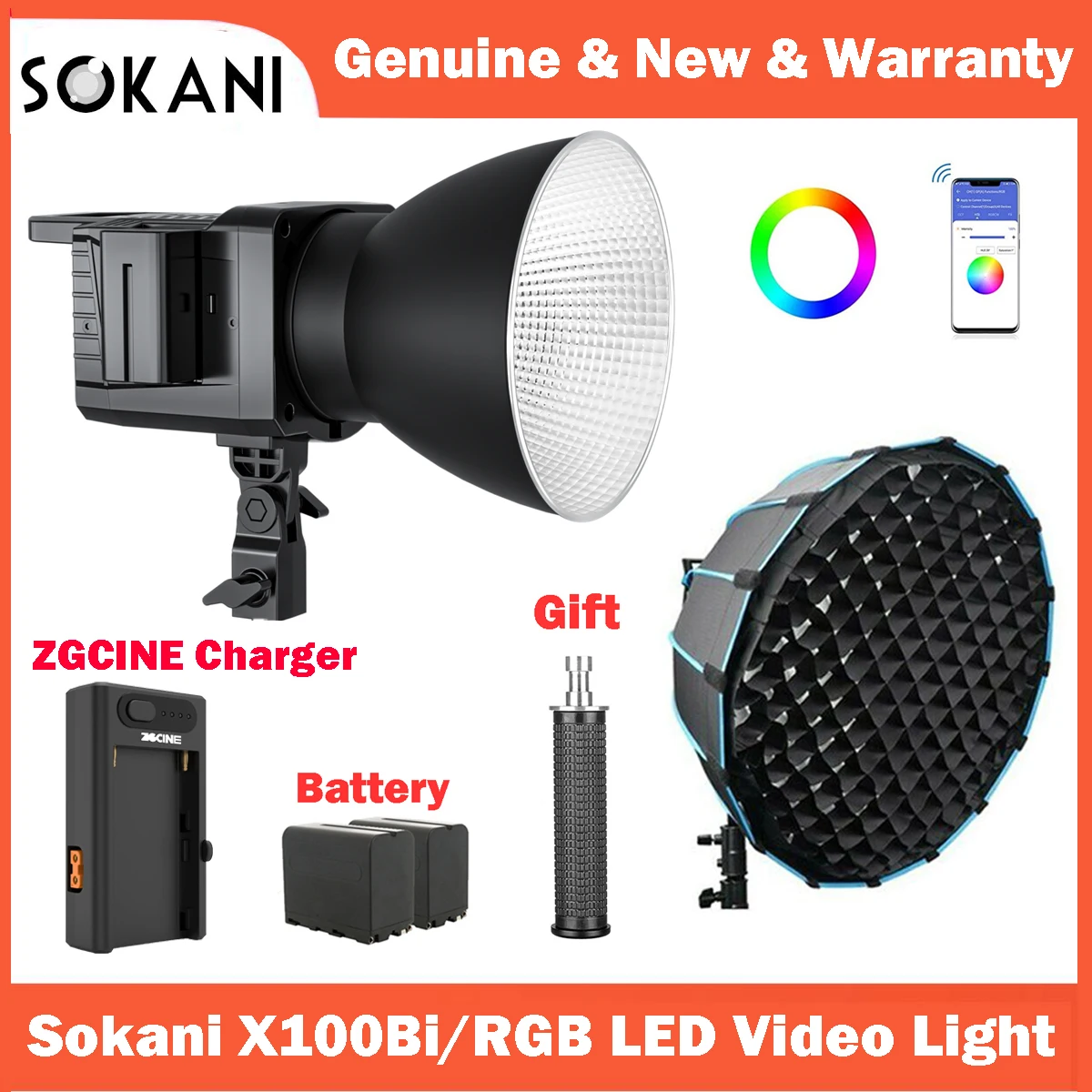 Двухцветный RGB светодиодный светильник Sokani X100 100 Вт с управлением через