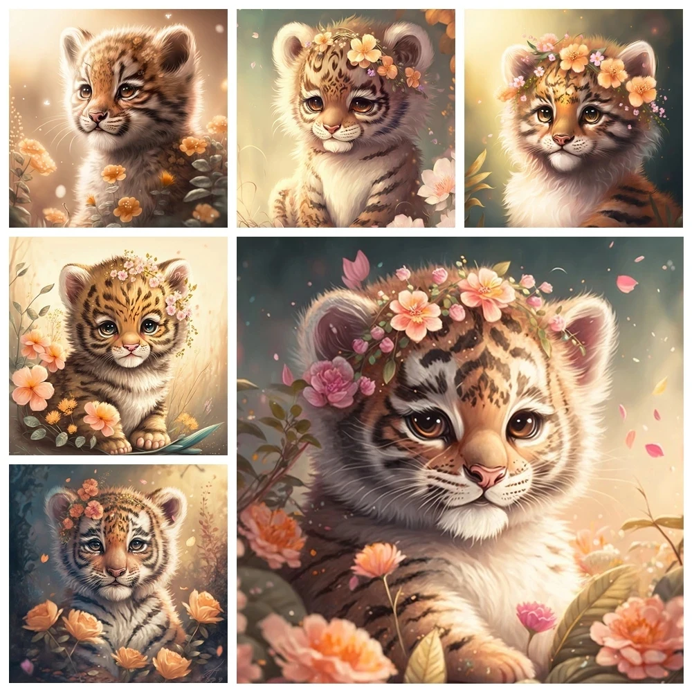 Flower tiger Cub Full Round Drill 5D Diy Diamond Mosaic Painting Animals Art Diamond Embroidery Kits DIY Home Decor Gift A379