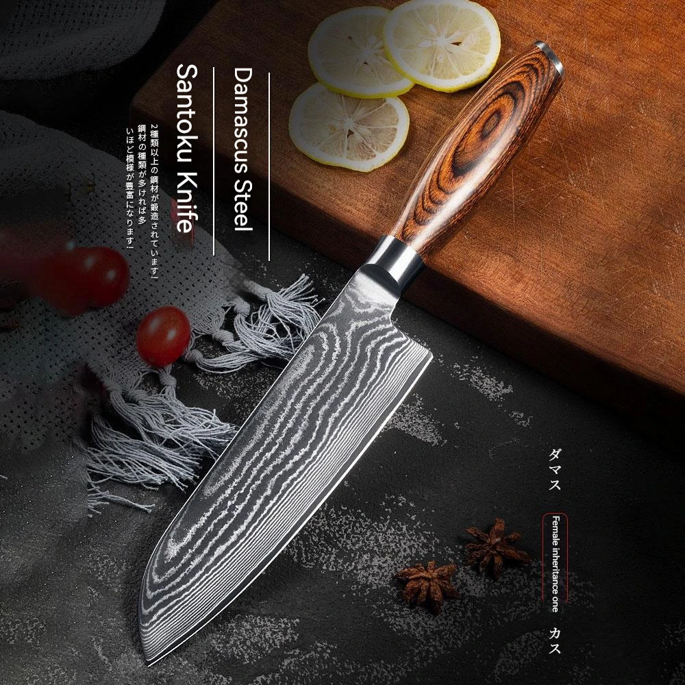 

8 Inch Santoku Knife 10Cr15MoV 67 Layer Damascus Steel Blade Sharp Chefs Cleaver Slicing Sashimi Sushi Kitchen Knife Wood Handle