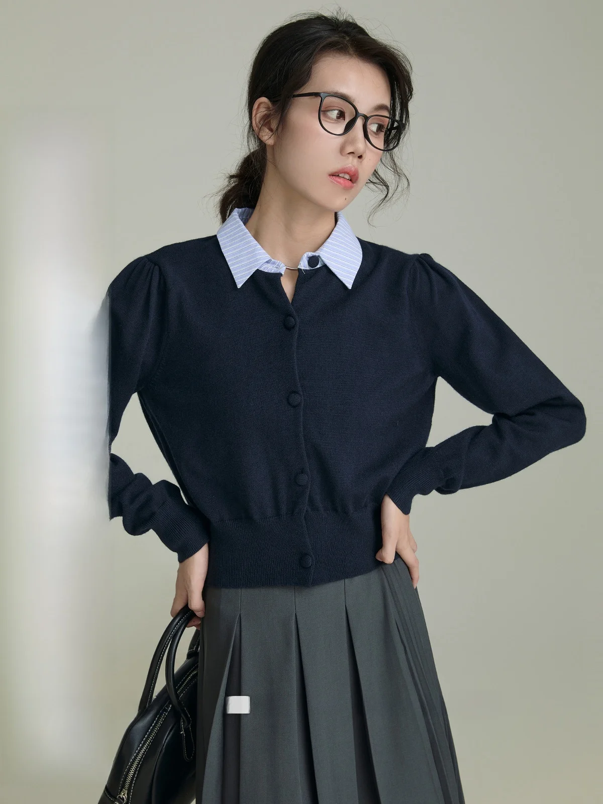 Синий вязаный кардиган с круглым вырезом и длинными рукавами &quotSujing&quot для женщин