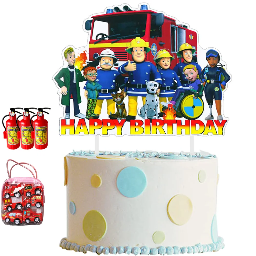 

Fireman Sam Fire Truck Firefighter Cake Topper Birthday Party Decorations Themed for Adults Kids Boys Man Supplies