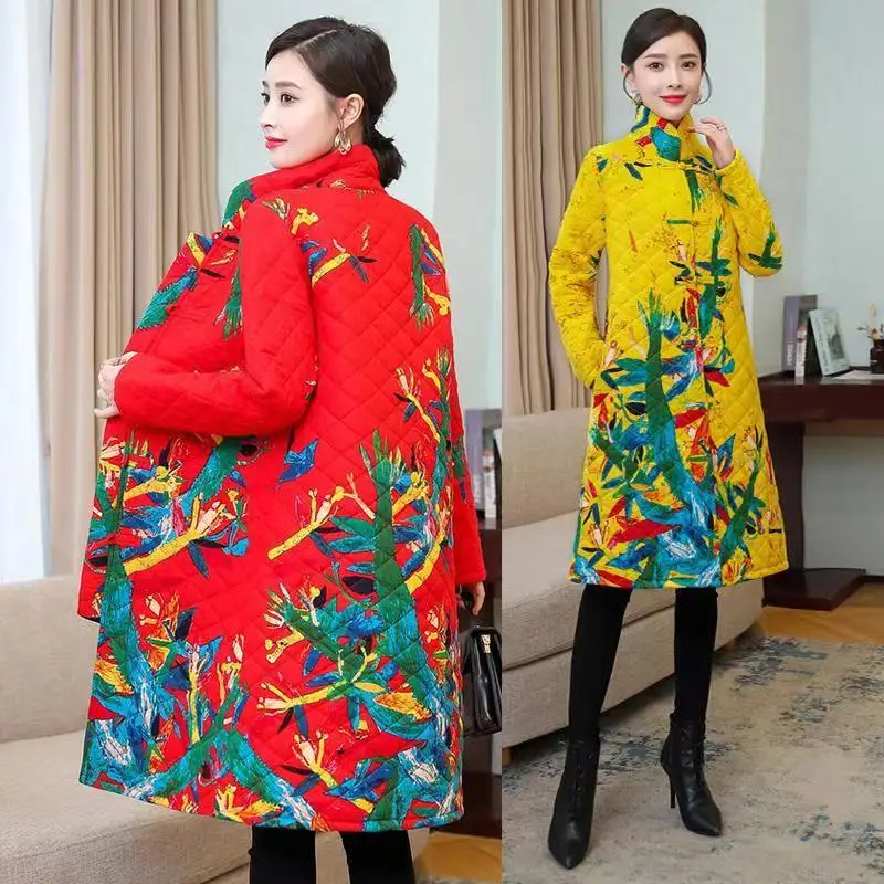 Ethnic style Women mother's winter Buckle middle-aged ladies Chinese style cotton-padded jacket embroidered Outwear Trench Coats