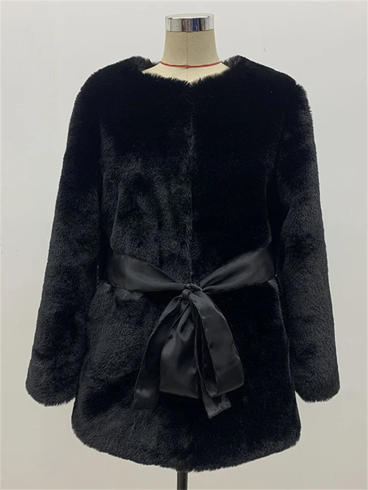 Autumn And Winter New Faux Fur Coat Women Korean Style Warm Casual Round Neck Long Sleeve Coat Female Elegant Lace-up Bow Tops