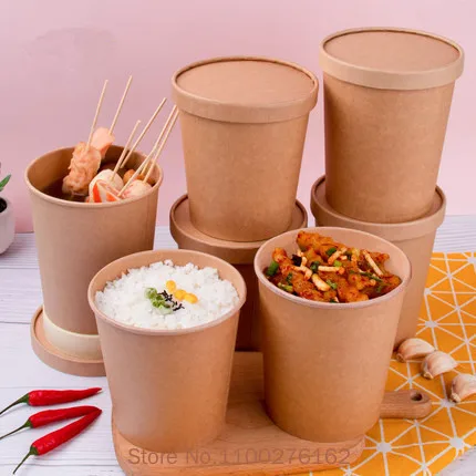 

50pcs/pack Large Capacity Disposable Kraft Paper Bowl Eco Takeaway Food Package Paper Cup Paper Lunch Box