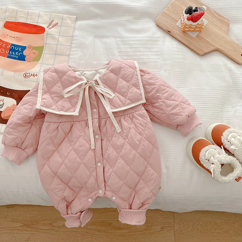

0-24M Pink Quilted Baby Jumpsuit Autumn Winter Warm Thick Newborn Baby Girl Padded Romper Infant Toddler Overalls Baby Clothing