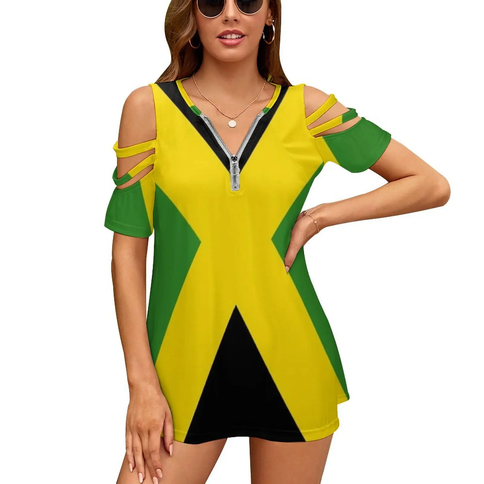 

Jamaica Flag Women Zipper Sexy Printed Vintage T Shirts Tops Full Print T-Shirt Jamaica Jamaican Flag Flags Country Countries