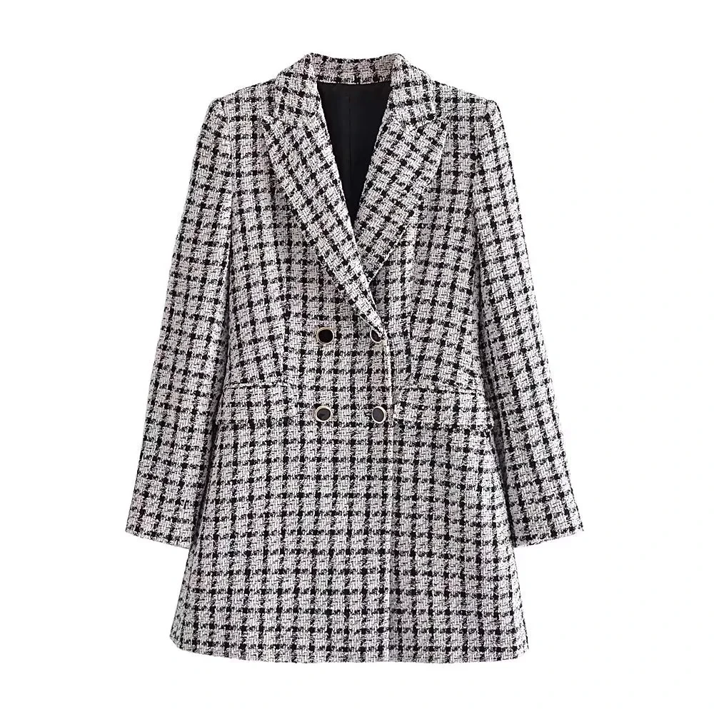 

XITIMEAO Women Fashion Tweed Check Longline Blazer Coat Vintage Long Sleeve Flap Pockets Female Outerwear Chic Veste Femme