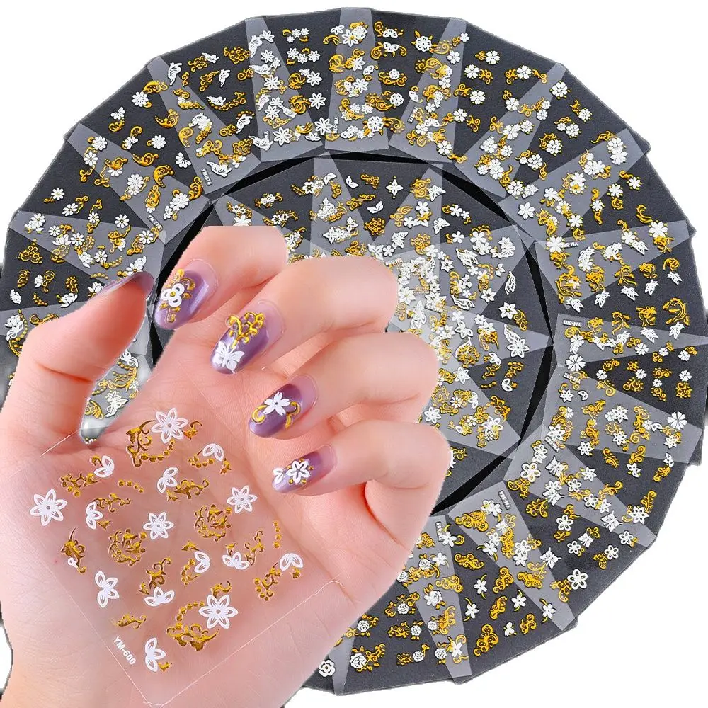 

30/24pcs Gold Bronzing 3D Nail Art Stickers White Flower Press On nails Decals Mixed Design Adhesive Flower Nail Tip Decoration