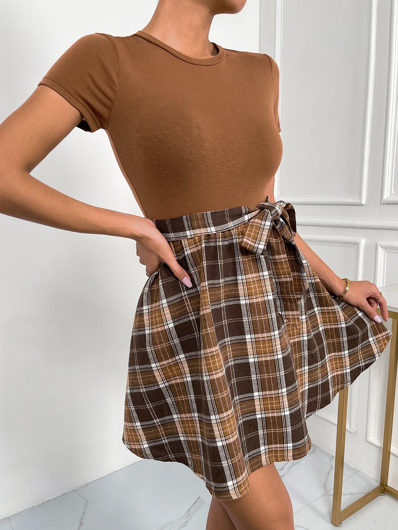 

Lace Up Mini Plaid Tee Dresses For Women Short Sleeve T-Shirt A Line Skirt Spring Summer Elegant High Waist Casua Vintage Style