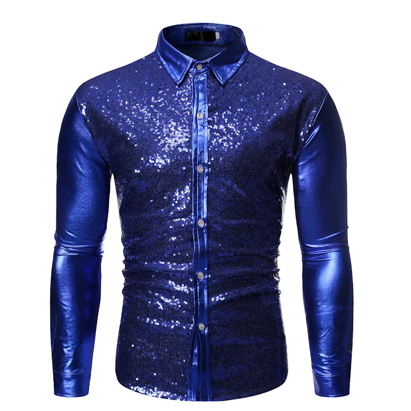 Mattswag Men Metallic Shiny Long Sleeve Shirt Nightclub Performance Wedding Stage Dancer Clothing Slim Fit Fashion Camisa Hombre