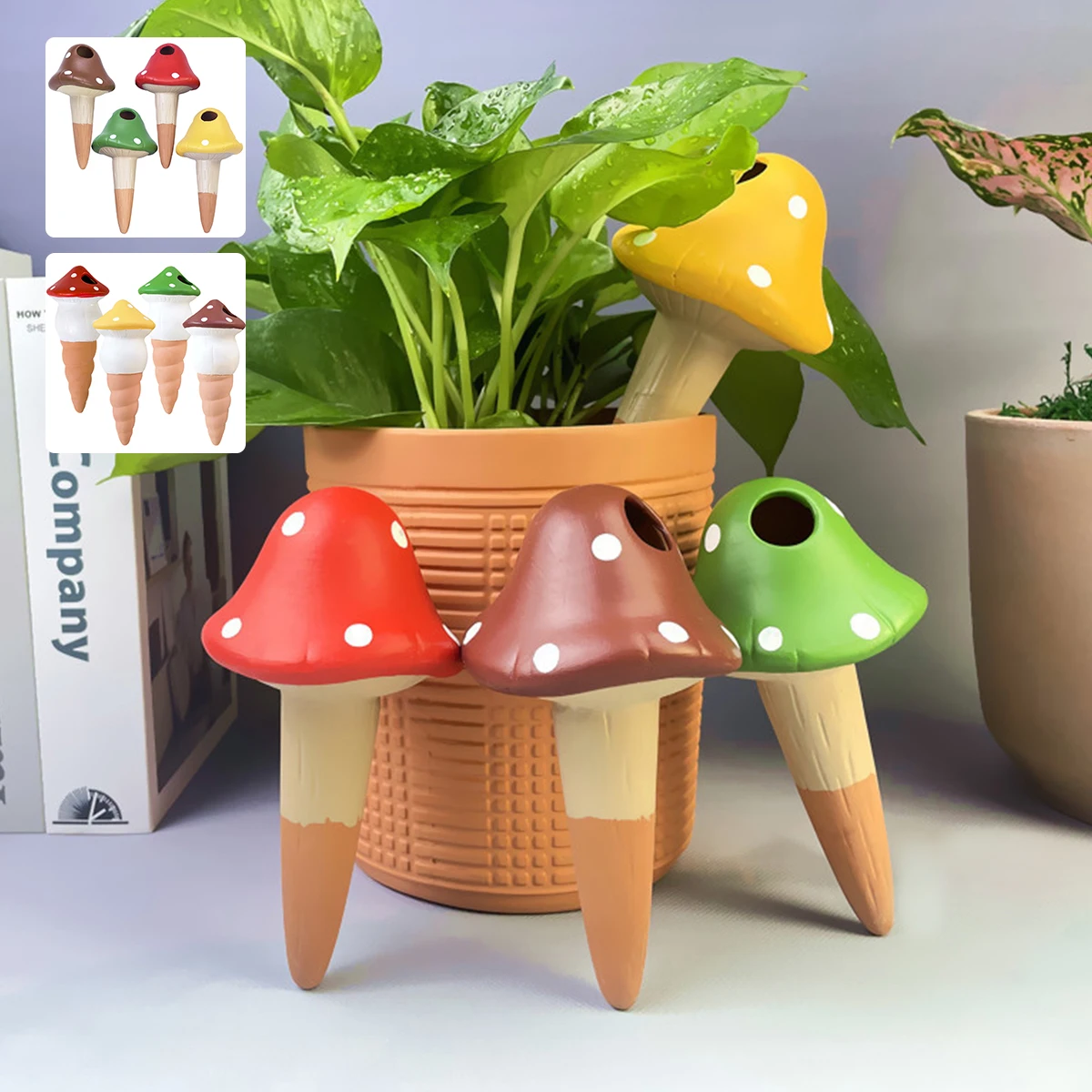 

4Pcs Self-Watering Mushroom Spikes Portable Automatic Terracotta Watering Globe Small Automatic Potted Plant Waterer Cute Garden