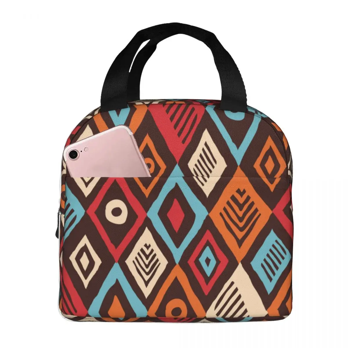 Lunch Bag for Women Kids Abstract Grunge Tribal Insulated Cooler Waterproof Picnic Geometric Boho Style Canvas Tote Food Bag