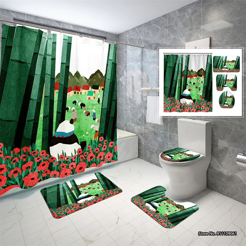 

Водонепроницаемая душевая занавеска в виде милой панды, набор из 4 предметов, нескользящий U-Образный Коврик для туалета с 3d Цифровым принто...