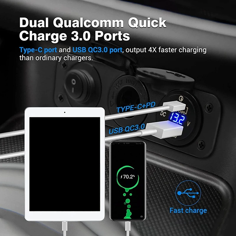 

Lighter Socket 12V/24V With Rocker Toggle Switch PD&QC3.0 USB C Outlet With LED Voltmeter Waterproof For Car Boat