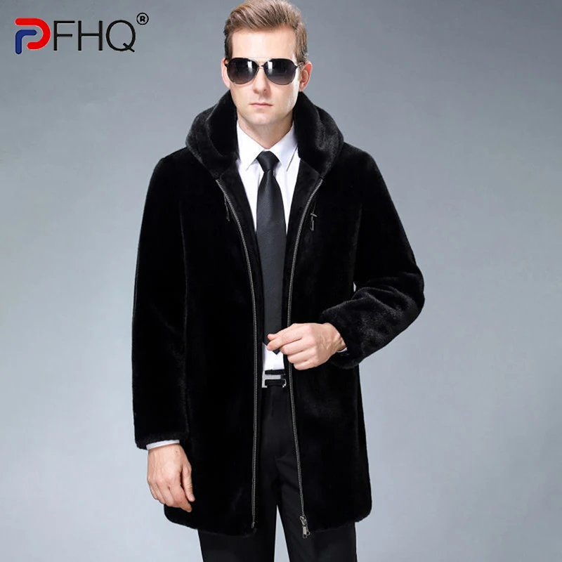 

Куртка с капюшоном PFHQ средней длины, Толстая теплая однотонная мужская ветровка на молнии для тяжелой промышленности, шикарная удобная ветровка из искусственного меха 21Z1886