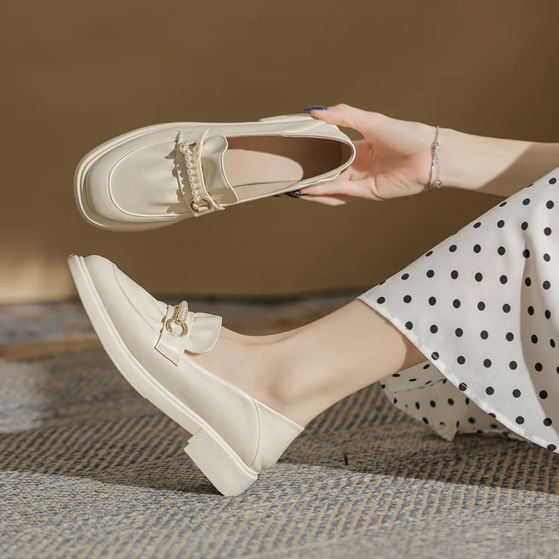

Pearl Japanese Small Leather Shoes Women Shallow-mouthed Retro British Style Thick-soled Shoes Round-headed Women